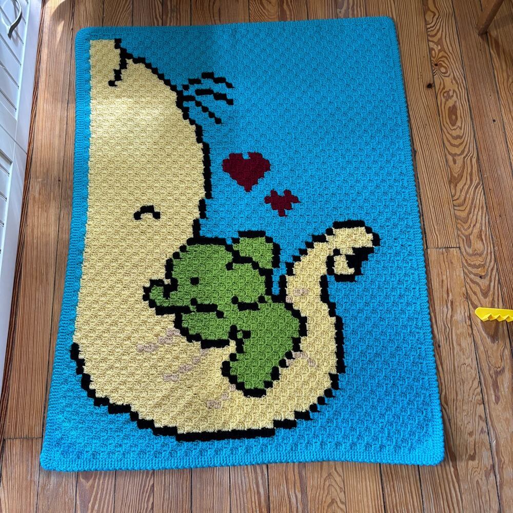 Handmade Crochet Baby Blanket Mother Baby Elephant Blue C2C Afghan Hearts